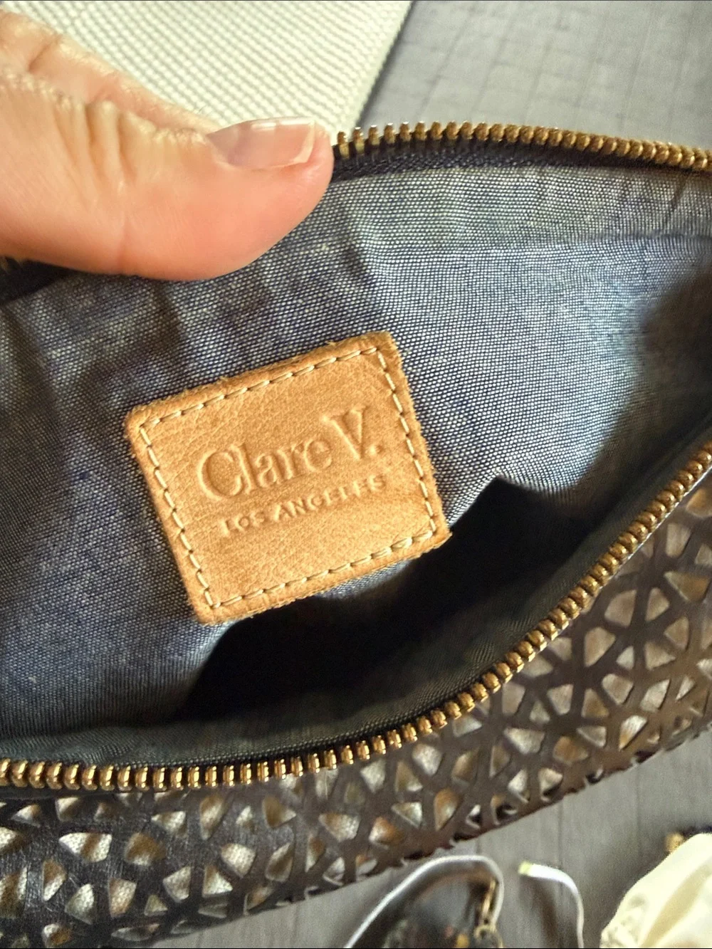 Clare V Black Laser-Cut Leather Foldover Clutch